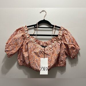 Zara Lace Trim Floral Crop Blouse Large